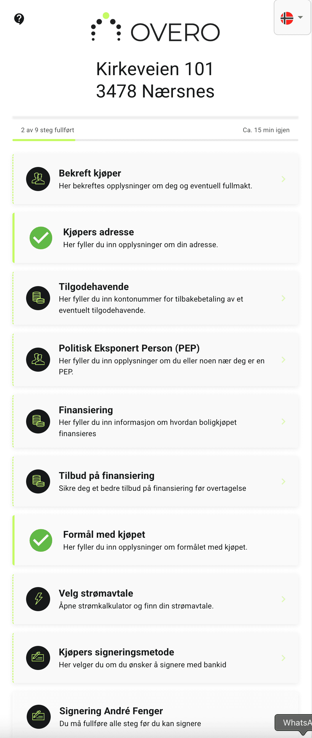 OVERO digital sjekkliste for kjøper